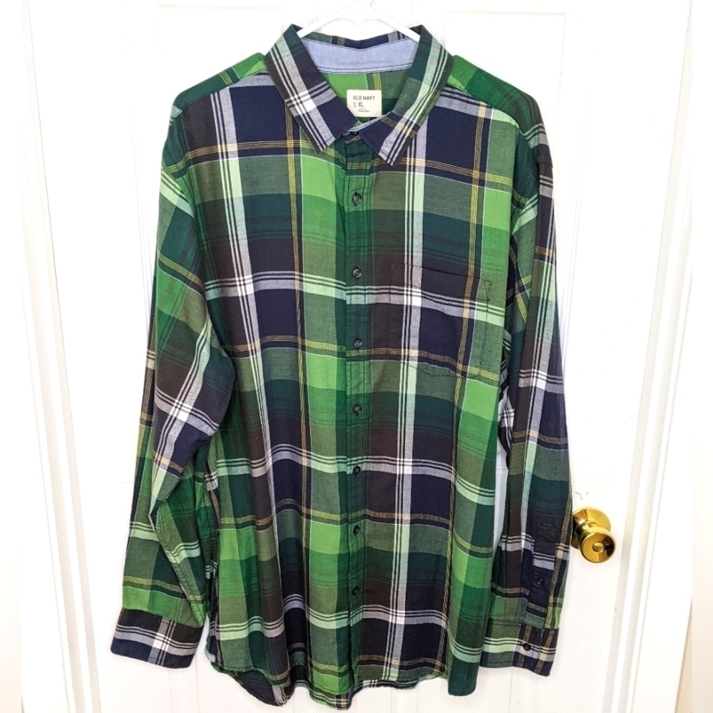 OLD NAVY Men's Blue and Green Plaid Long Sleeve Button Down Shirt Size XL NWT